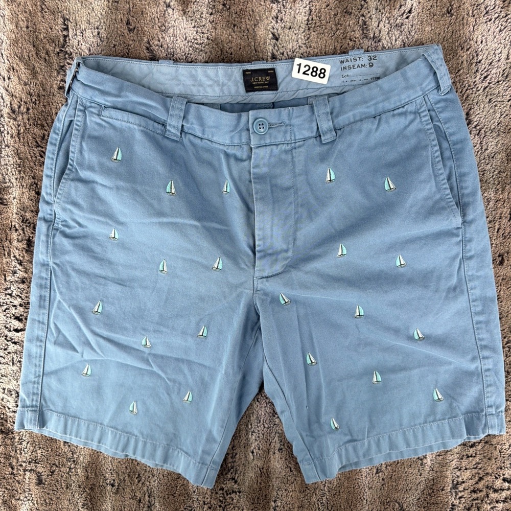J Crew Chino Shorts Mens 32 Blue Nautical Boats Geometric Casual Preppy Classic